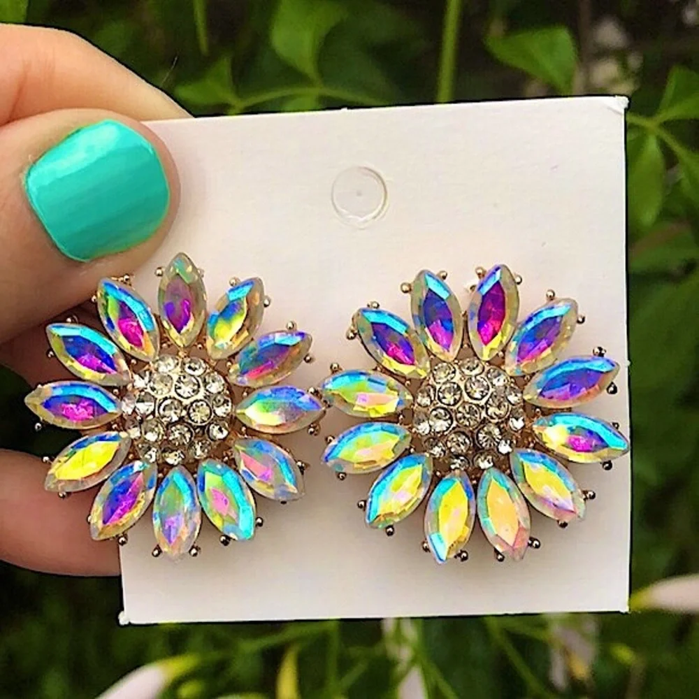 Aurora Borealis Sunflower Crystal Earrings